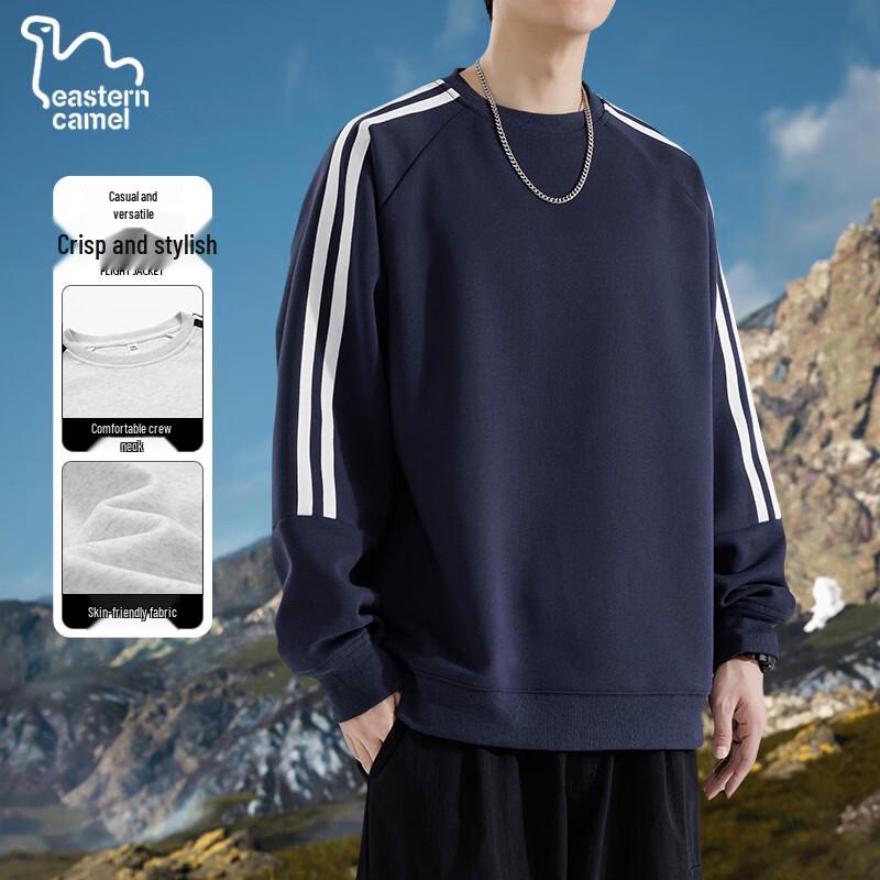EASTERN CAMEL Men's Loose-fit Crew Neck Pullover Sweatshirt with Side Stripes