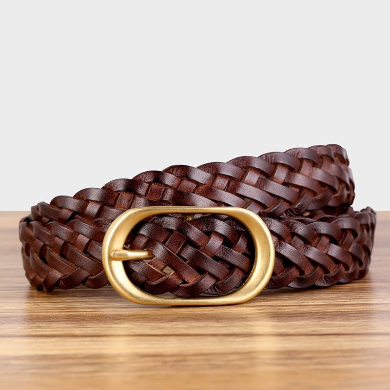 

Ремень из плетеной коровьей кожи ручной работы, кожаный ремень, простой ретро-ремень, женский 80-100cm темно-коричневого