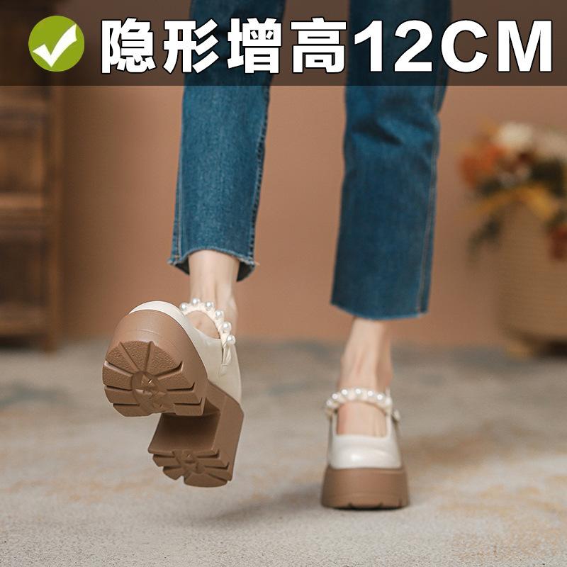 Leather spring and summer new inner height increase Mary pearl shoes women's high heels single shoes small size 3233 white versatile round head
