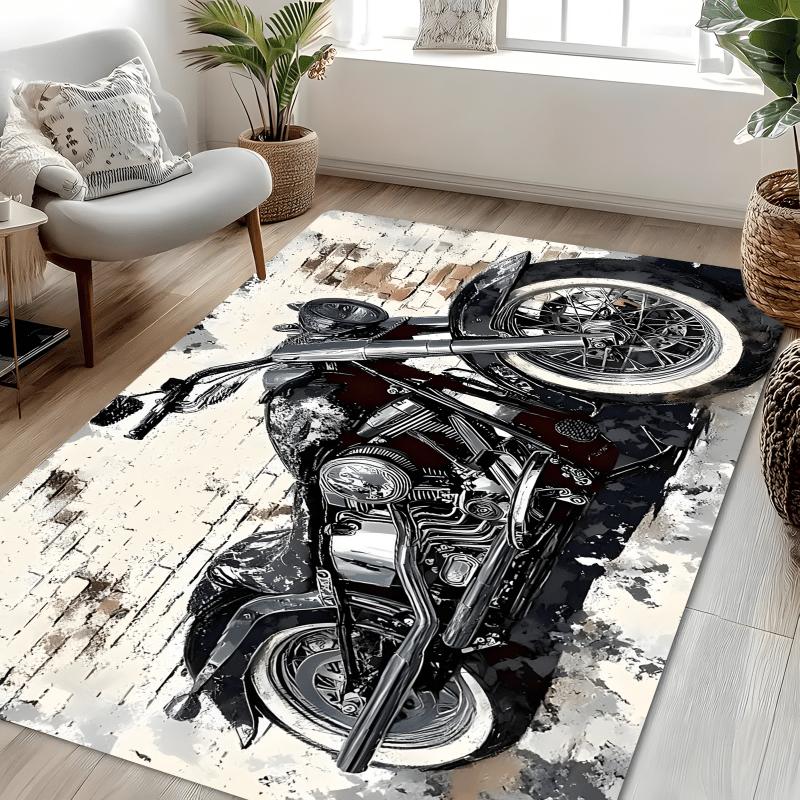 Large Vintage Motorcycle Rug Industrial Style Biker Print Floor Mat Graffiti Decor Chopper Art Runner for Home Living