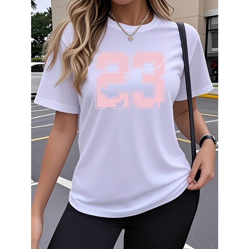 

Women s Short-Sleeve T-Shirt, Pack of 1, Pink No. 23 Artistic Trendy Design with Fun Printed Pattern, Stretchy Crew Neck Top S белый