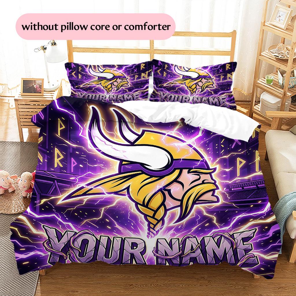 Benutzerdefinierter Name Minnesota Vikings 3 Muster Bettwäsche Steppdecke Set Heimdekoration Geschenk (1 Bettbezug + 2 Kissenbezüge (ohne Füllung))