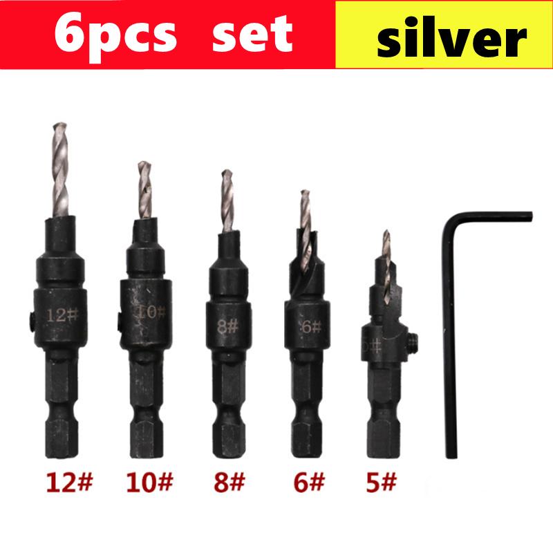 5/6pcs Countersink Drill Woodworking Drill Bit Set Drilling Pilot Holes For Screw Sizes #5 #6 #8 #10 #12 With a Wrench Tools