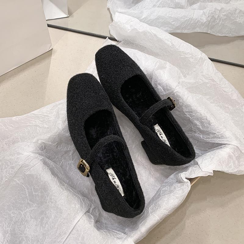 Designer Square Toe Woman Mary Jane Shoes Elegant Thick Heel Dress Shoes Outdoor Comfortable Fleece Lined Ladies Pumps Shoes
