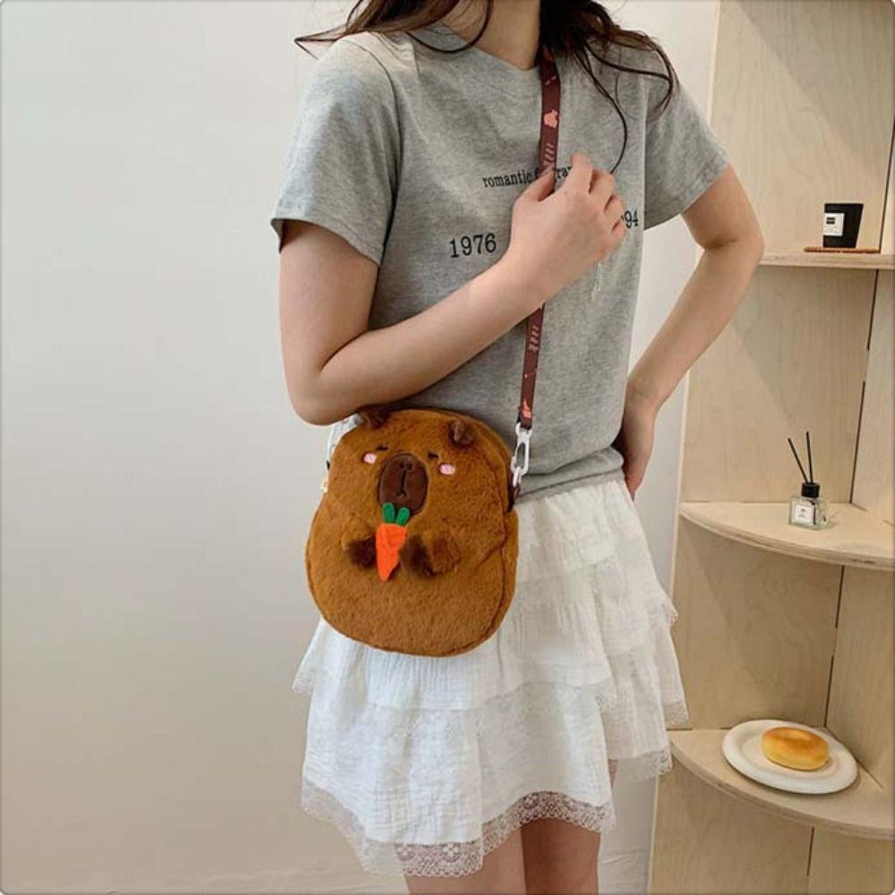 Zipper Capybara Plush Shoulder Bag Animal Cartoon Cartoon Capybara Handbag  Unisex