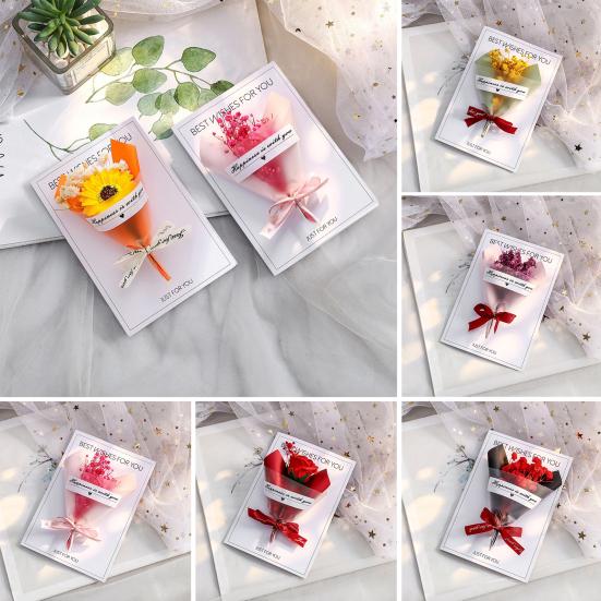 Handmade Mini Flower Bouquet Greeting Card Dried Baby's Breath/Sunflower/Soap Rose Flower Gift Card for Valentine's Day Spring Mother's Day Wedding