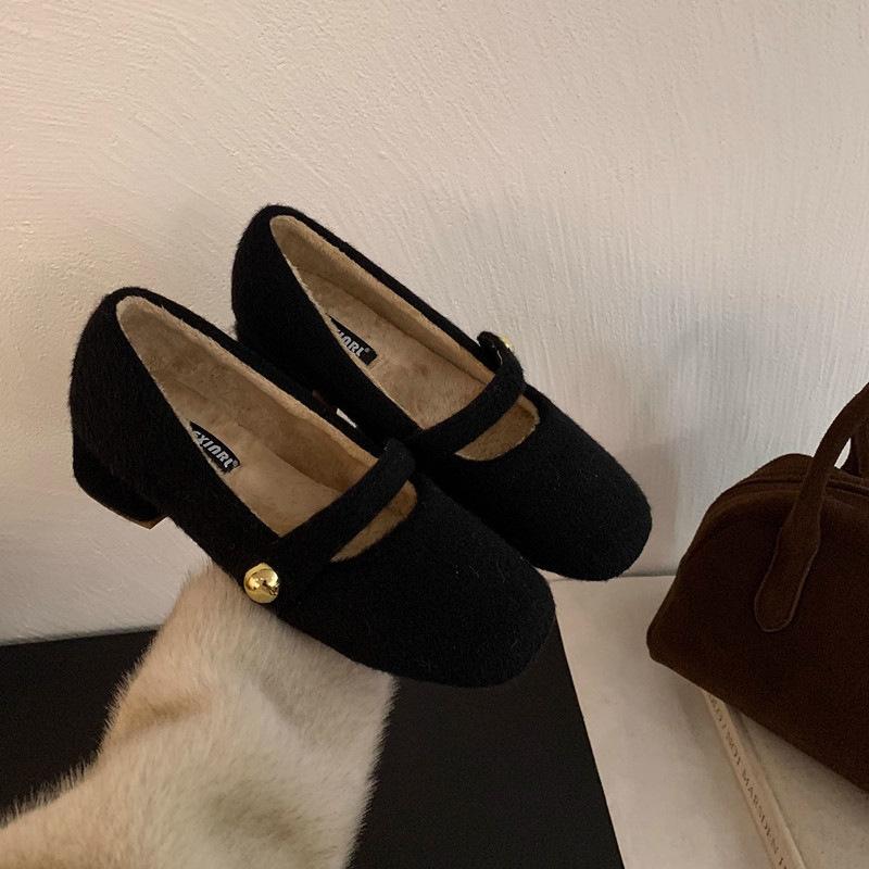 Coarse Heel White Fluffy Shoes Mary Jane Single Shoes Women's Shoes 2025 Spring and Autumn New Fairy Wind Velvet Warm Cotton Shoes