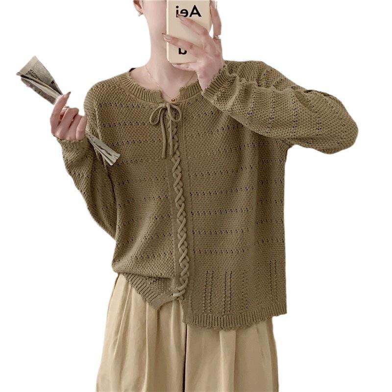 Spring Solid Color Sweater Top Thin Lace Round Neck Knitted Sweater for Women