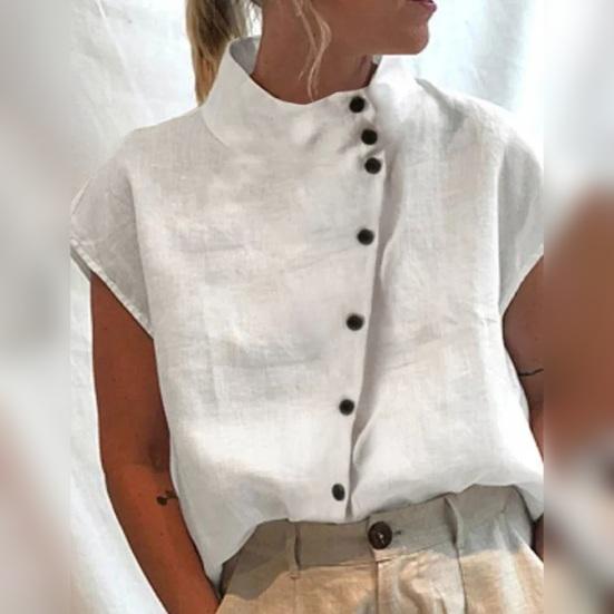 Col Montant Manches Courtes Raglan Chemise Femme Patte de Boutonnage Diagonale Manches Courtes Été Fine Couleur Unie Lâche T-shirt Top Streetwear