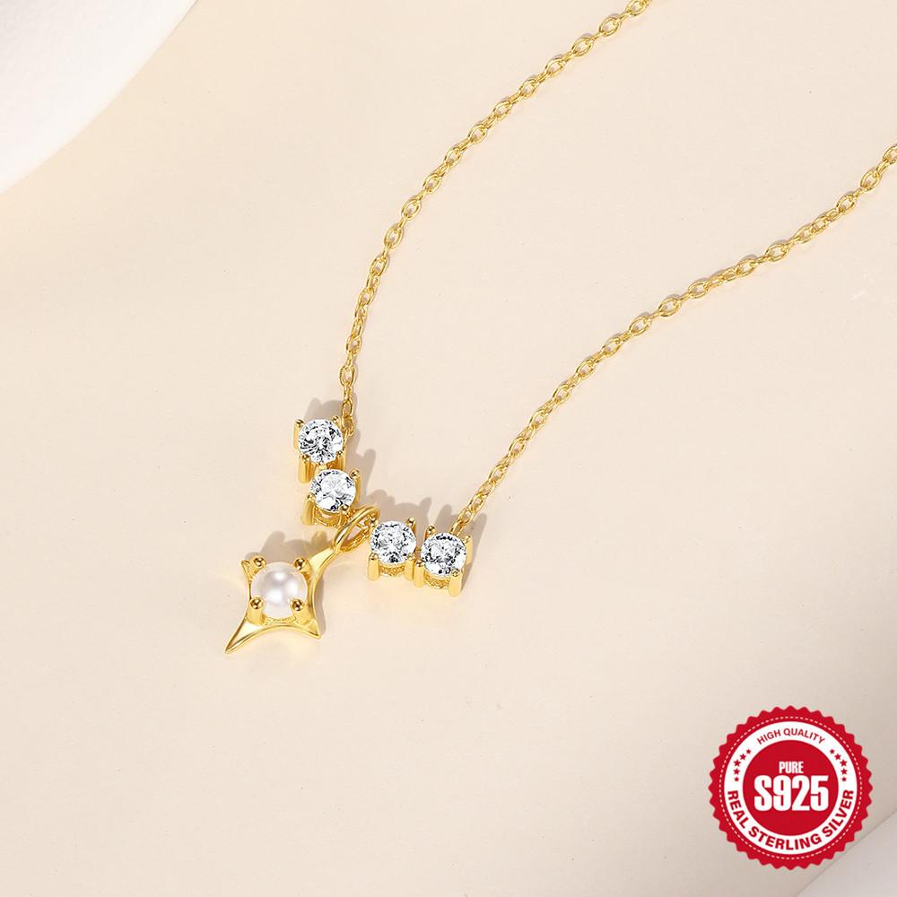 Necklace, Fashion Trend S925 Sterling Silver Mobile Zircon Tetragonal Star Pearl Necklace Temperament Autumn And Winter Collarbone Chain