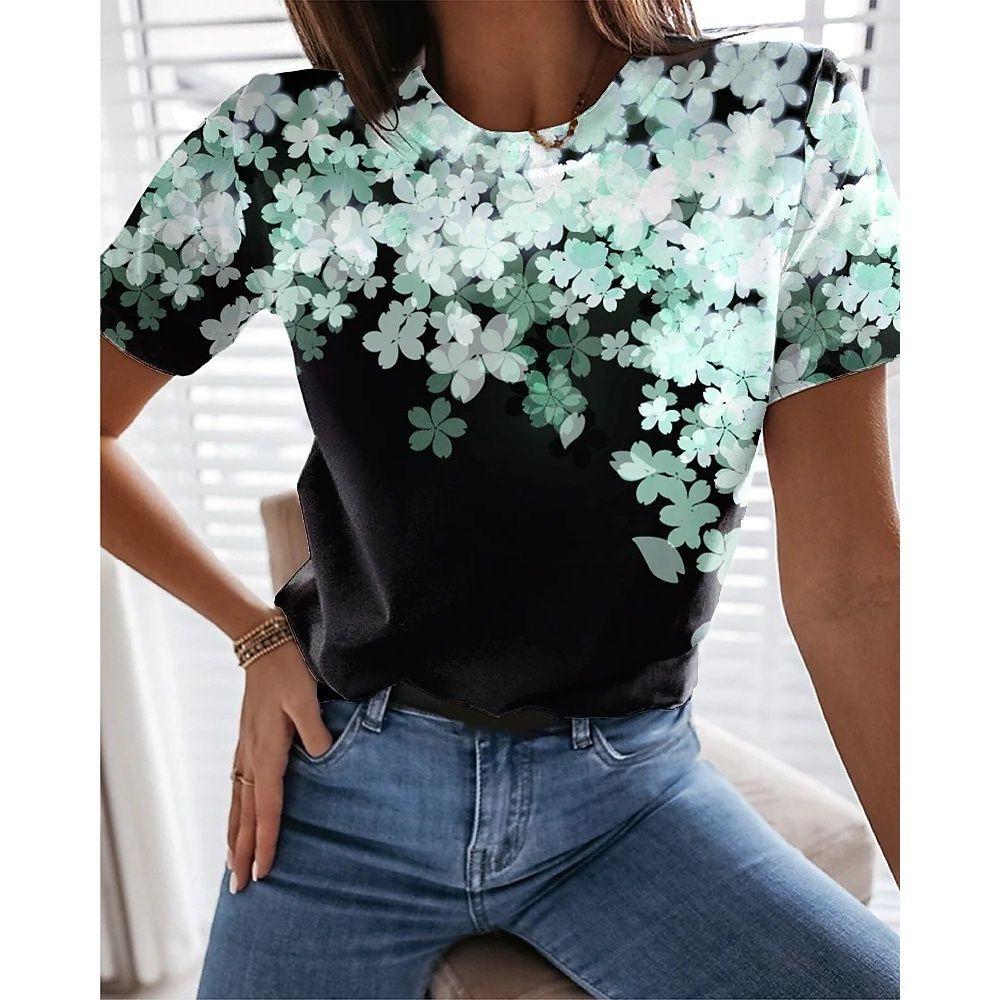 Women's Poppy Flower Print T-Shirt - Oil Painting Style Short Sleeve Casual Top