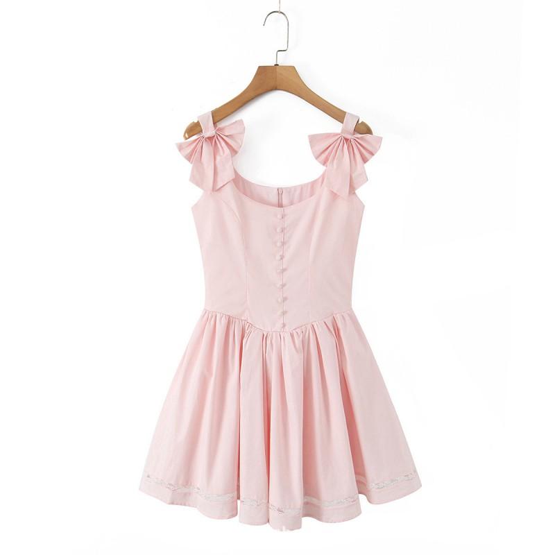 Womens Sweet Bow Lace Trim A-Line Slip Dress Short Pleated Slim Fit 2025