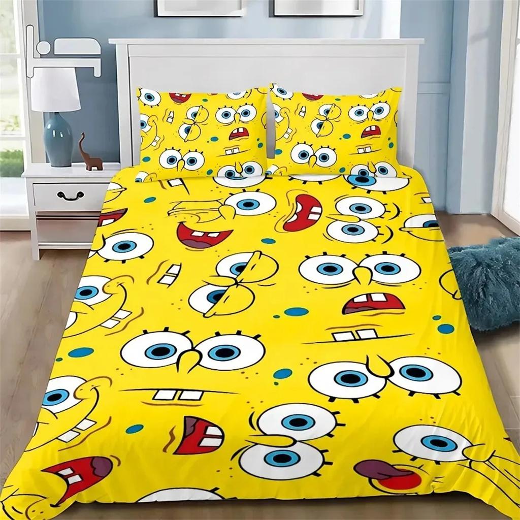 Cute Cartoon 3D Funny S-Spongebobs Duvet Cover Pillowcases Twin Full Queen King Size,Soft Microfiber Bedding Set For Kids Adults