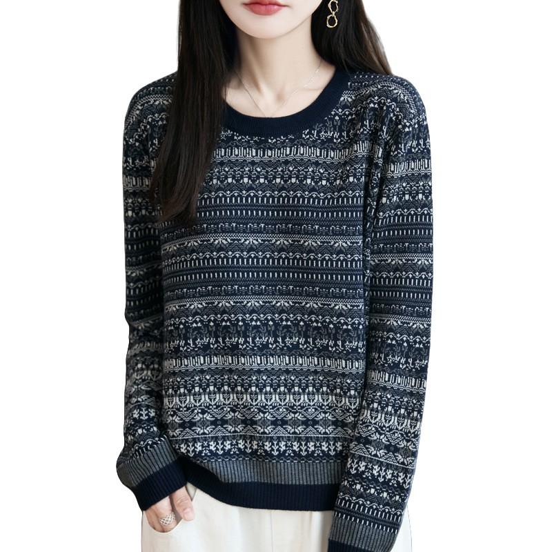 Womens Retro Fair Isle Knit Sweater Loose Fit Wool Blend Pullover Winter Casual Top