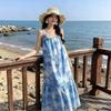 Ethnic Style Tie-dye Spaghetti Strap Dress for Women, Summer Seaside Vacation Long Dress, Artistic and Fresh Blue Series In Stock