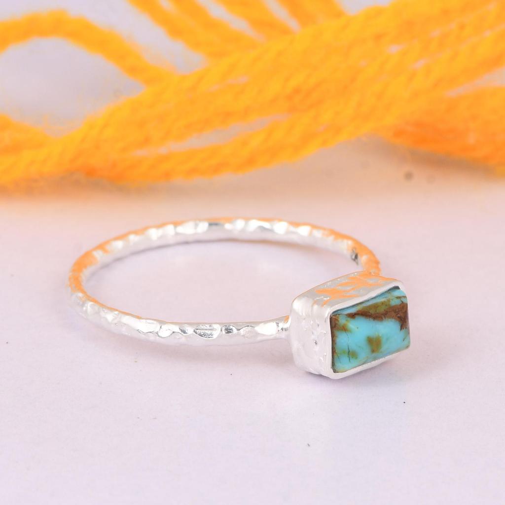 Natural Kingman Turquoise Ring, 925 Sterling Silver Texture Band Jewelry for Women, Special Gift for Her, Love, Crush and Girlfriends.