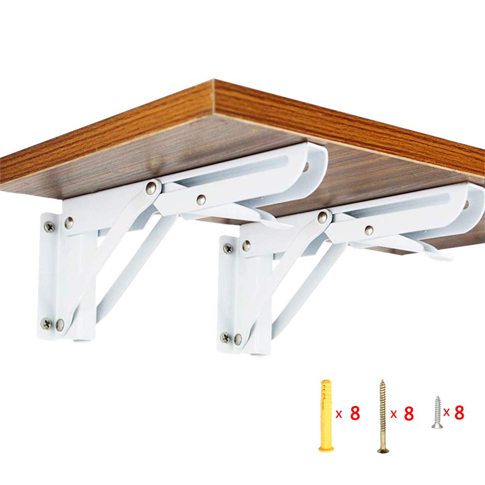 BESTU Folding Shelf Brackets, L-Shaped, 80kg Load Capacity, DIY, Architectural Hardware, 25cm x 10cm, White, Set of 2