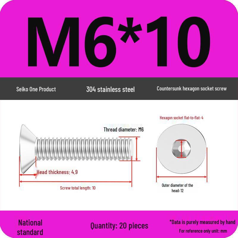 M2-M10 Stainless Steel Flat Head Machine Screws and Bolts Set, Countersunk Hex Socket Cap, 304 Grade.