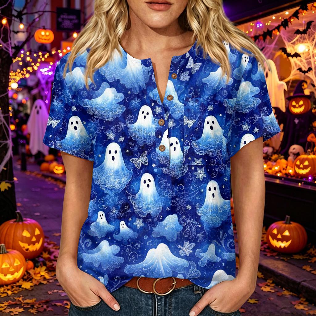 Womens Halloween Print V Neck Button Detail Short Sleeve Top Casual Loose Fit Three Quarter Sleeve T Shirt