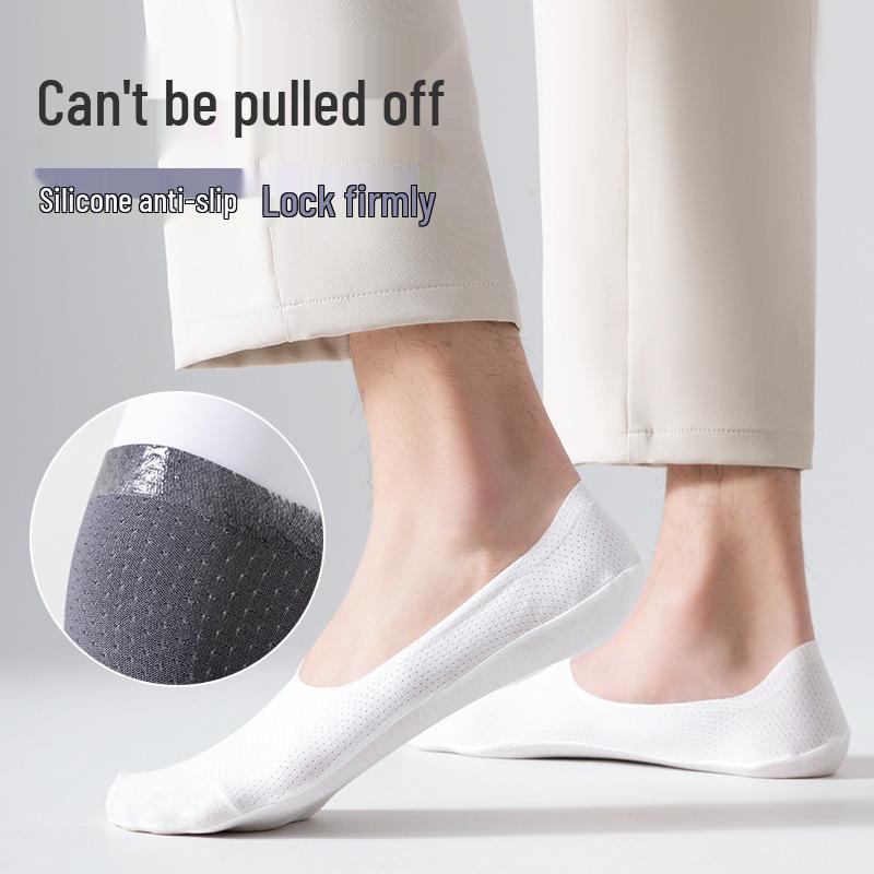Men's Summer Non-Slip No Show Boat Socks - Thin, Breathable, Low Cut, Seamless Ice Silk with Pure Cotton Bottom.