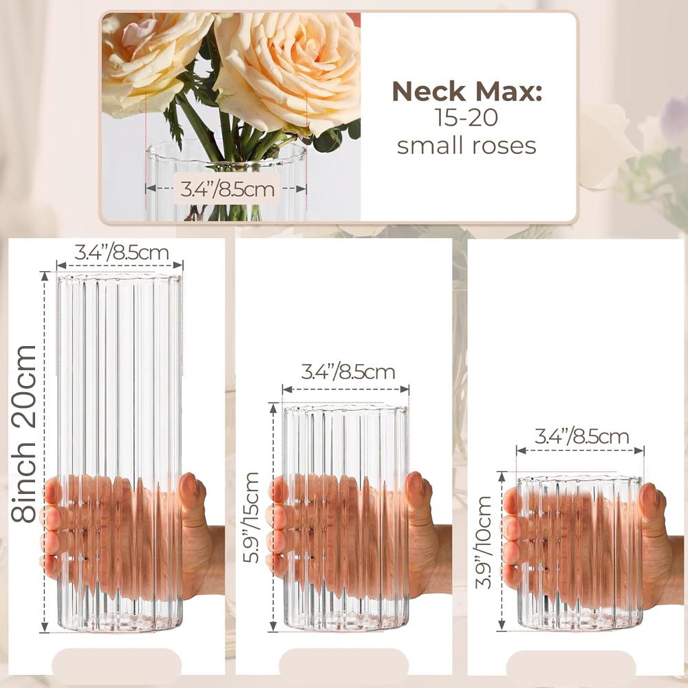 Glass Cylinder Vases Clear Ribbed Bud Vases for Centerpieces Weeding Decoration, 4 inch 6 Inch 10 Inch Tall Clear Flower Vases
