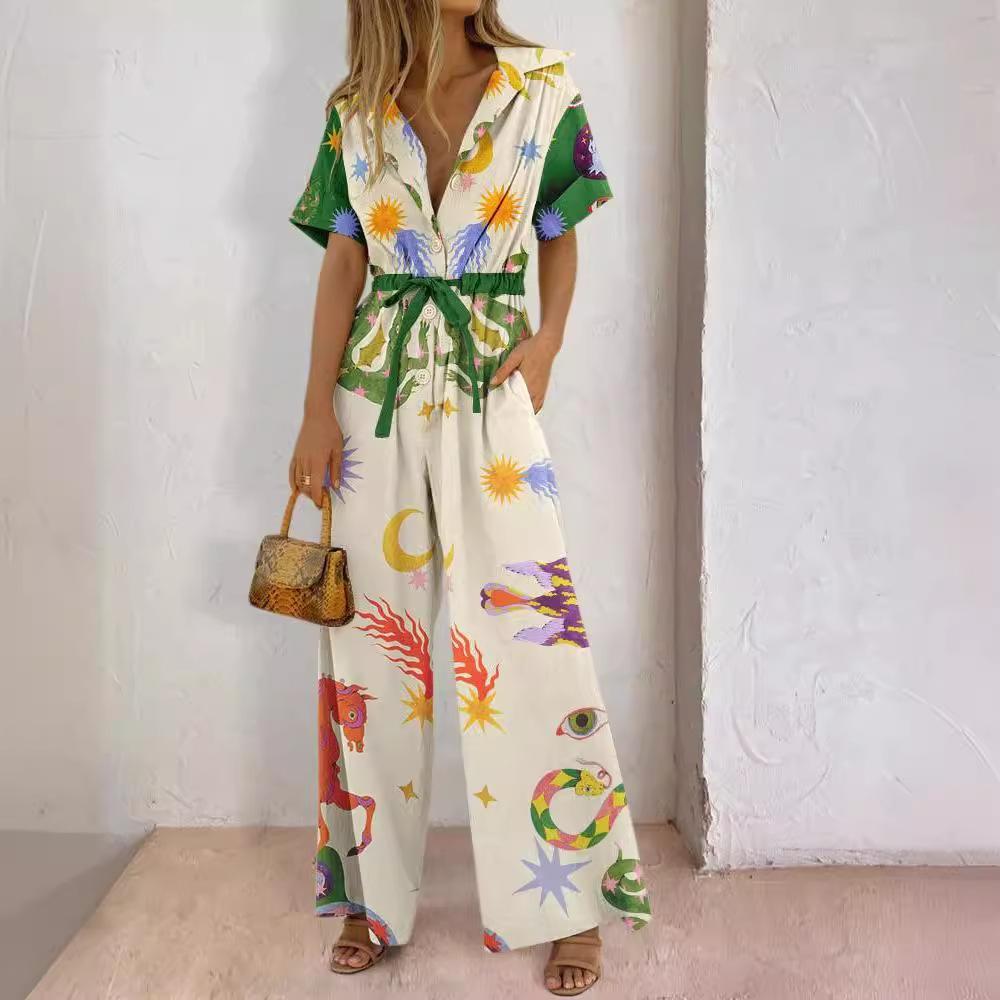 2025 European and American Street Temperament Women's Clothing Printed Cotton Trousers Jumpsuit High-waisted Casual Pants