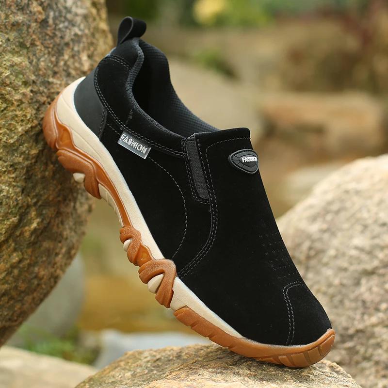 2025 Mens shoes Fashion Leather Mens Casual Sneakers Outdoor Breathable Hiking Shoes Men Non-Slip Trekking Shoes