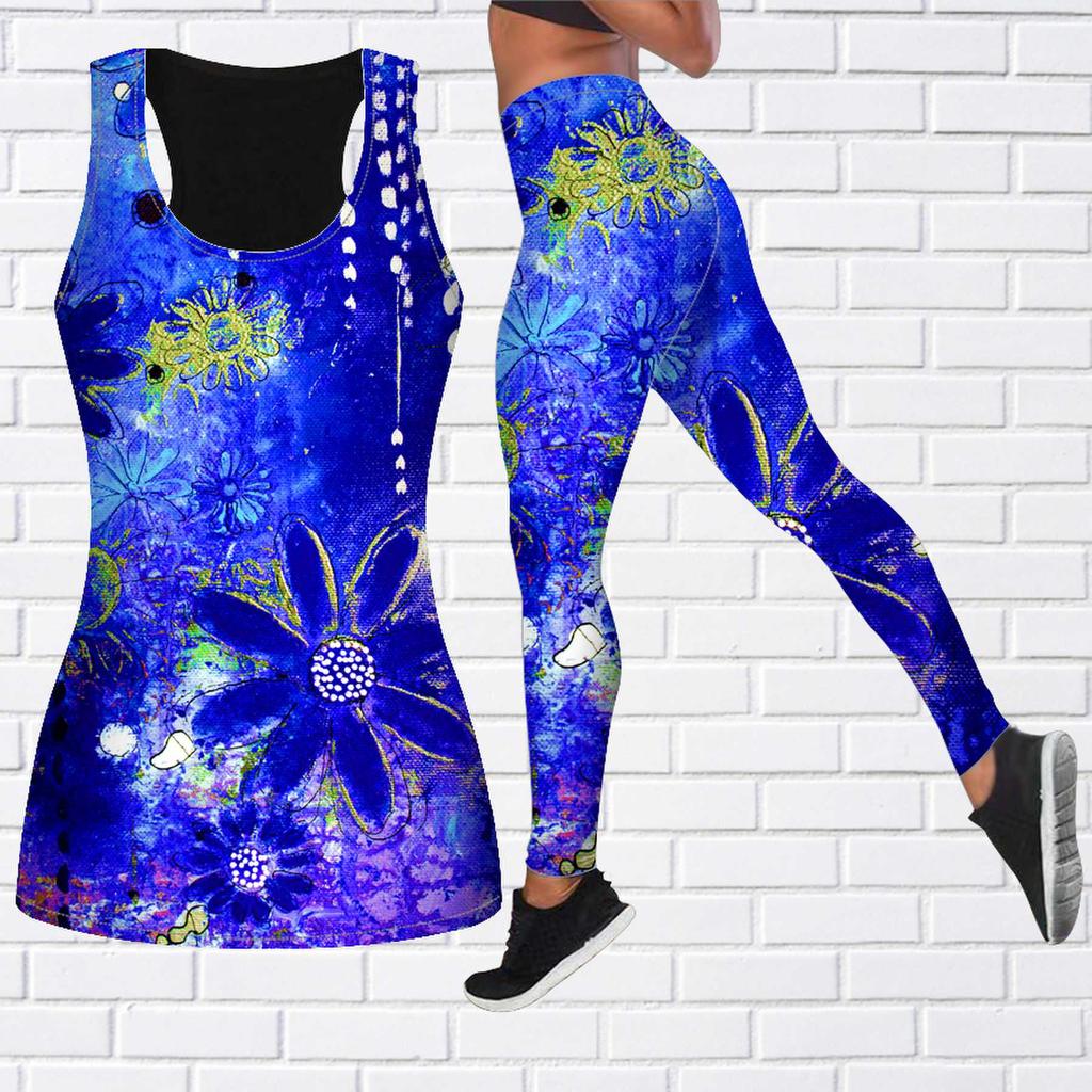 Blue Chrysanthemum Print Yoga Outfit for Women Fashion Workout Leggings Fitness Sports Casual Yoga Pants