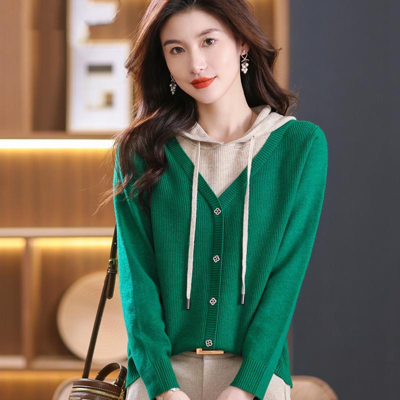 Hooded Knitted Women's Sweaters Fashion Casual Loose Outerwear Fake Two Piece Top Versatile Bottom Coat Sweater Women