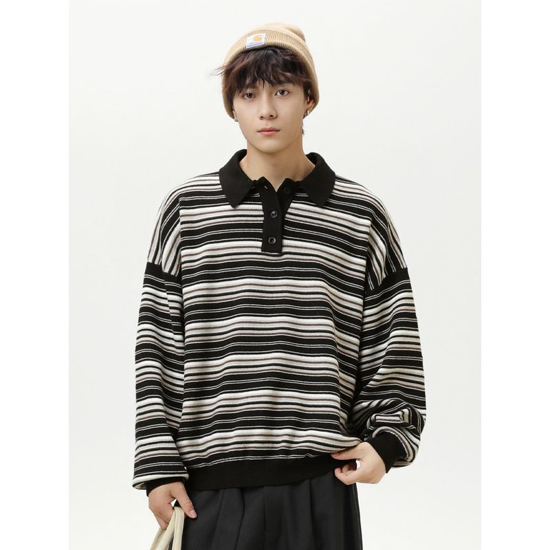 Wassup American Retro Vintage Style Polo Collar Striped Men's Loose Casual High-End Long-Sleeve Knit Sweater