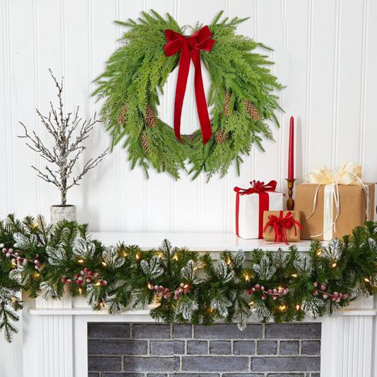 Yousheng 16 Inch Real Touch Norfolk Pine Christmas Wreath for Front Door Faux Cedar Greenery Wreath with Pine Cones And Bows for Wall Window Farmhouse