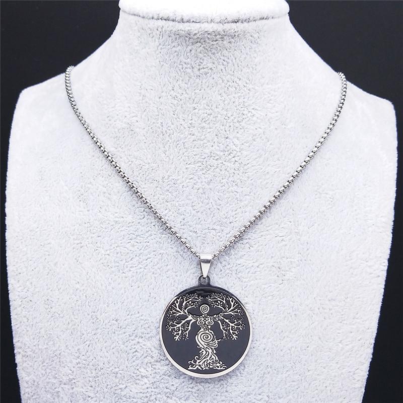 Göttin Baum des Lebens Edelstahl Kette Halskette für Damen Schwarz Silber Farbe Halsketten Schmuck arbre de vie Edelstahl