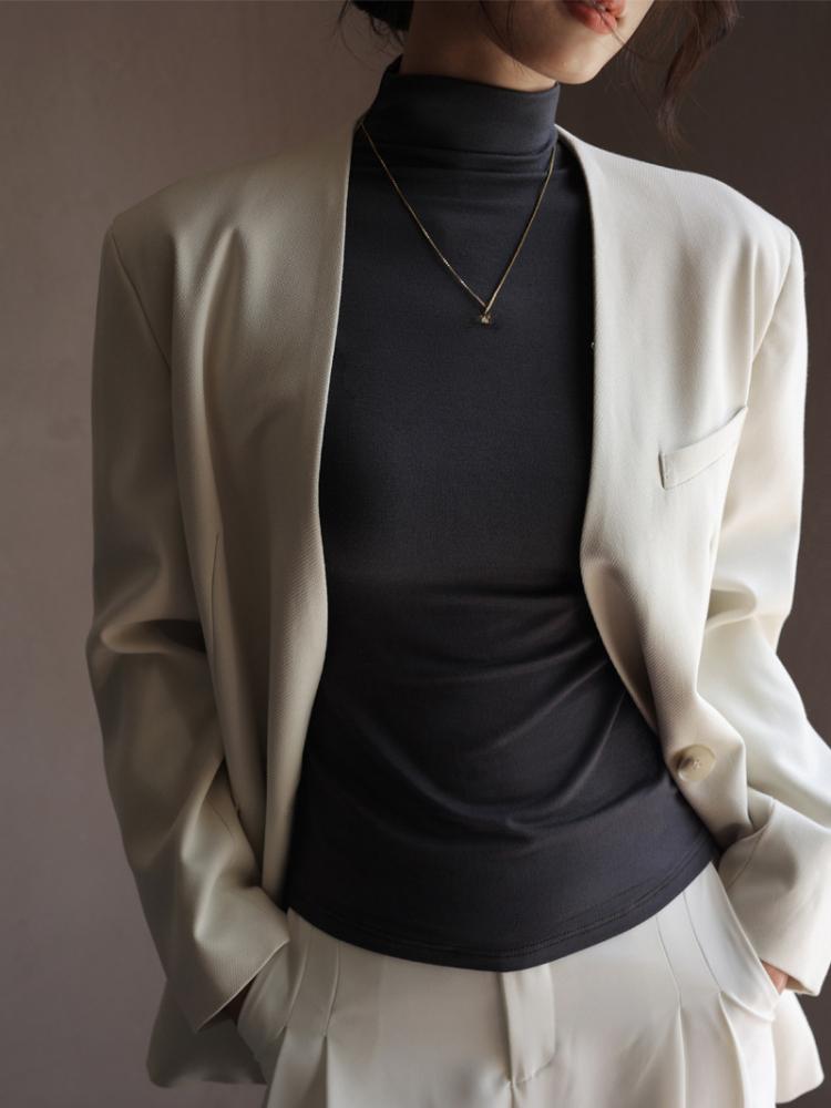 Košile s polovičním límečkem s dlouhým rukávem Ženy Sexy zkrácené topy podzimní černá ležérní vyztužená štíhlá základní dámská trička