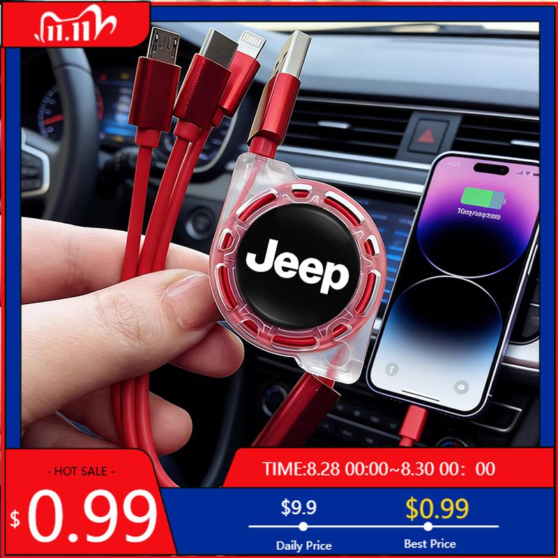 Cup Holders Car Retractable Data Cable 3 In 1 Fast Charging Charger Cable For Jeep Renegade Wagoneer Avenger Recon Wrangler JK G