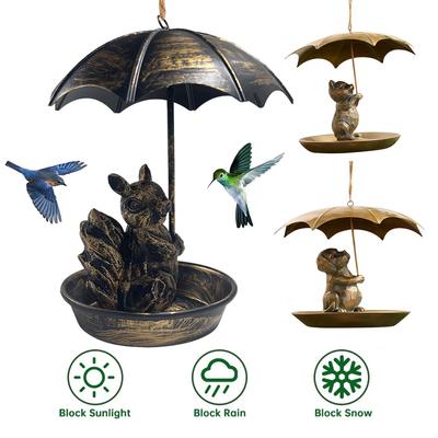 Squirrel/Cat/Dog Metal Bird Feeders Animal Holding Umbrella Bird Feeder Set Hanging Bird Feeder Dish for Yard Patio Landscape