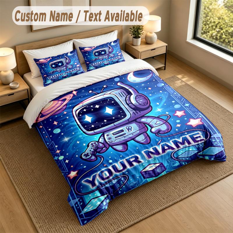 Custom Name Text Bedding 3Pcs Set,Astro Bot 1 Duvet Cover 2 Pillowcases Soft Bed Linen For Gift