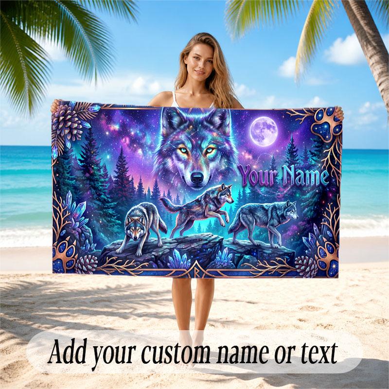 Wolf Theme Beach Towel Personalized Custom Name & Text Soft Quick Dry Beach Towel for Swimming Travel