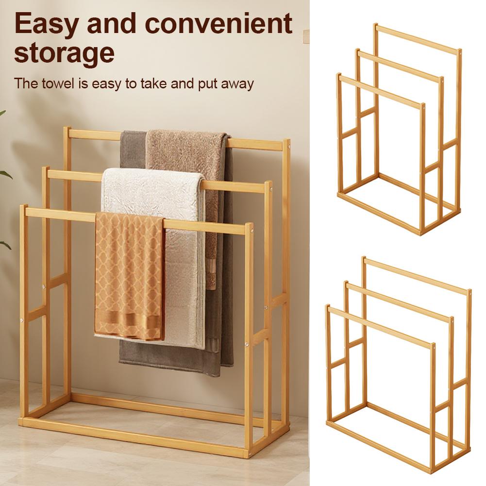 3-Tier Freestanding Towel Rack with 3 Hanging Crossbars Floor Towel Rack Wooden 3-Tier Towel Rack for Bathroom & Hand Towel
