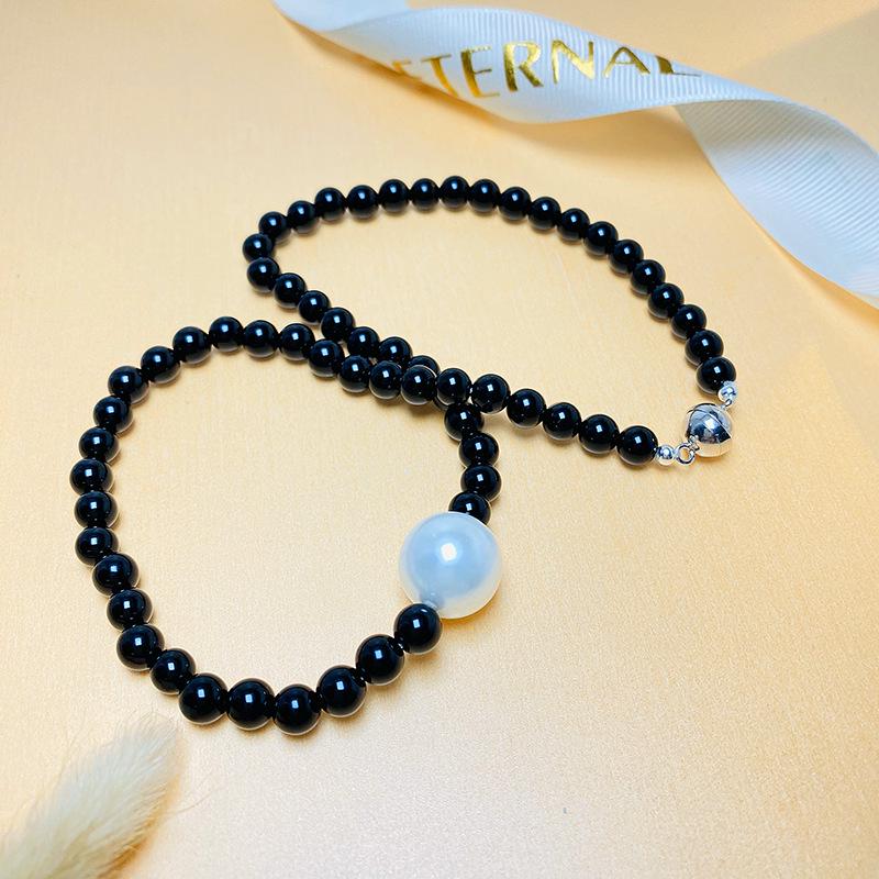 Black & White Melody Necklace: 925 Sterling Silver Clasp, Natural Black Agate & Shell Pearl, Elegant Women's Gift