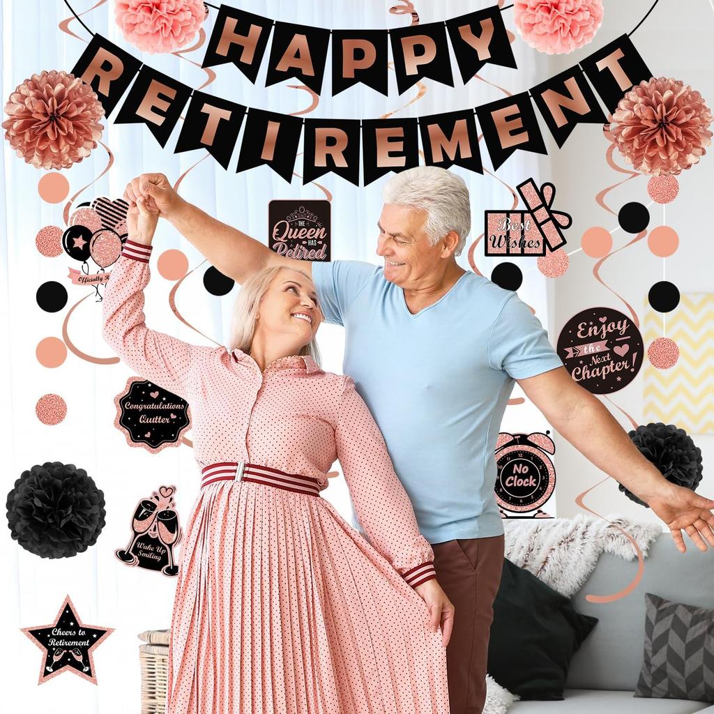 Retirement Party Decorations for Women, Black Rose Gold Happy Retirement Banner, Hanging Swirl ,Dot Garland, Paper Pompoms for Happy Retire Party