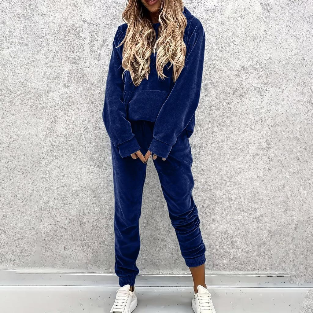 Women's Casual Color Hooded Sweatshirt and Jogger Pants Two-Piece Set with Pockets for Sports and Everyday Wear