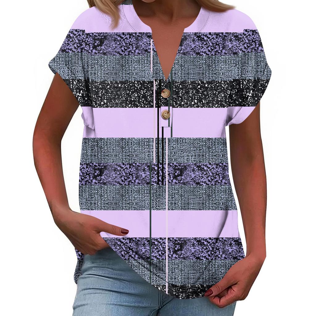 Modisches Lässiges Locker Geschnittenes Kurzärmeliges Knöpfbares V-Ausschnitt Bedrucktes T-Shirt Top für Damen