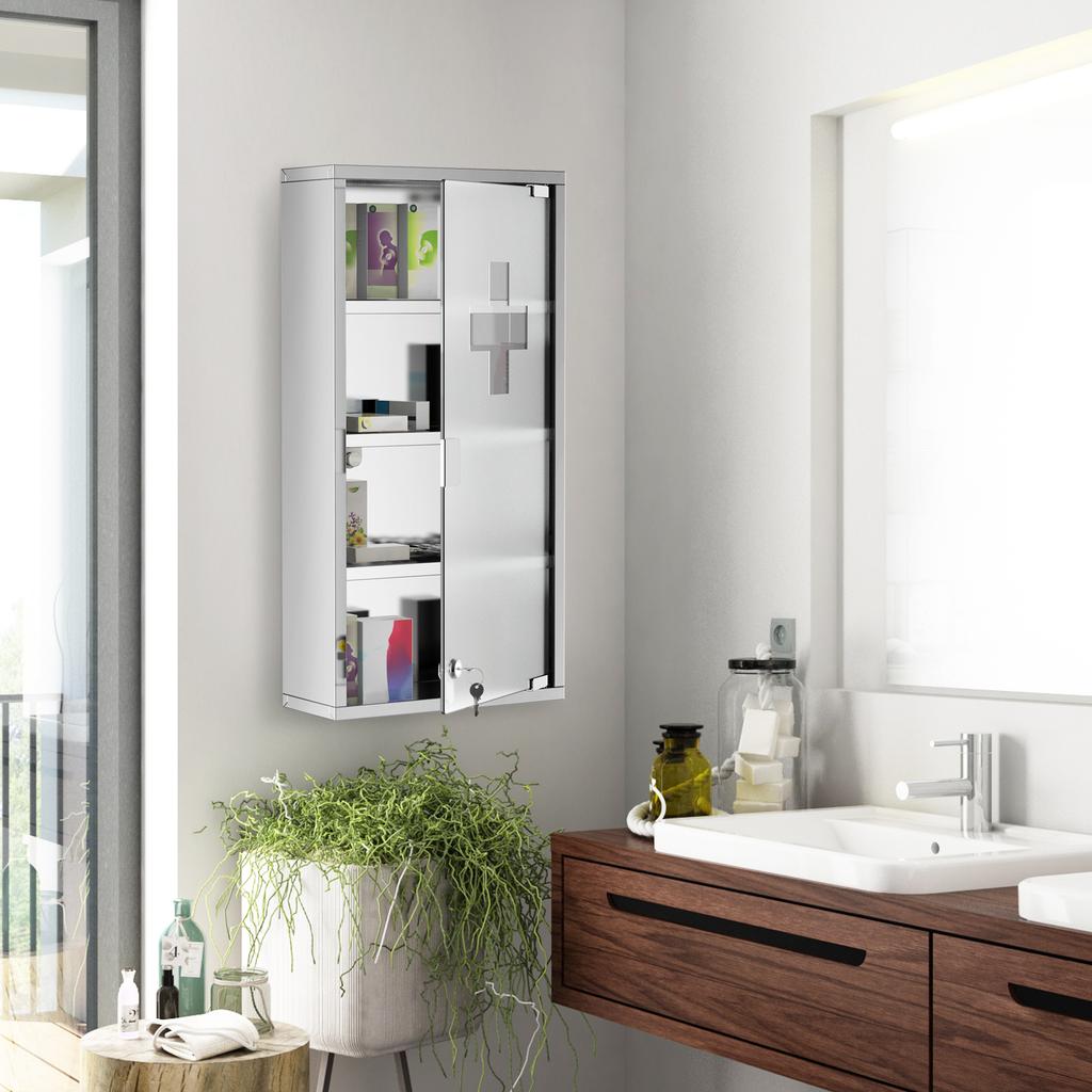 Armadietto Portapillole da Parete a 4 Ripiani in Acciaio Inossidabile con Porta in Vetro Serrabile Scaffali portaoggetti Articoli per la Casa Arredamento Bagno 60A x 30L x 12P(centimetro) con 2 Chiavi