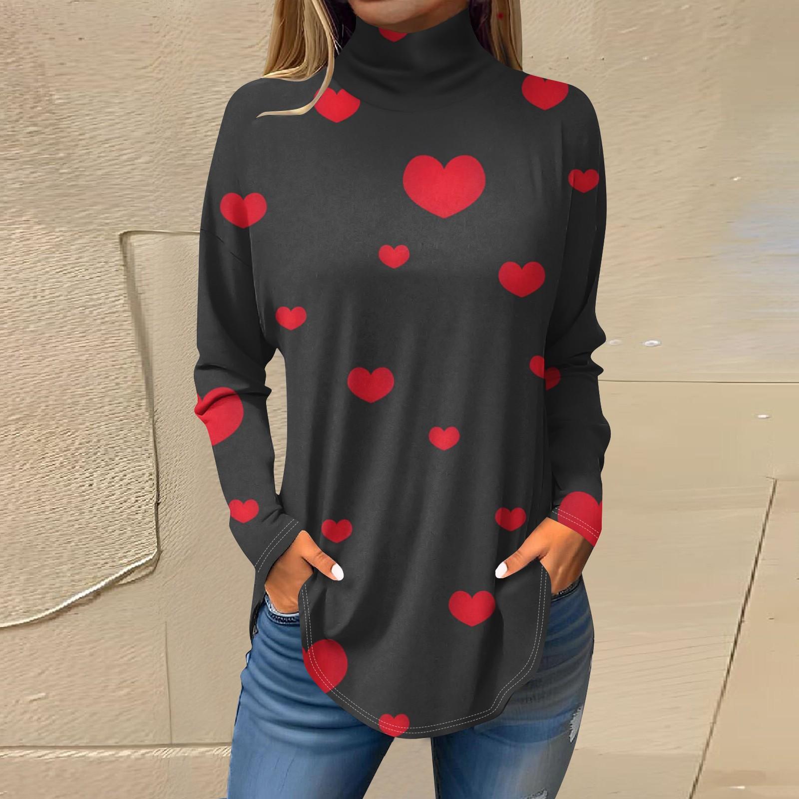 

Футболки для женщин, осенние повседневные рубашки с длинным рукавом, толстовка с принтом, топ с высоким воротом, пуловер L чёрный