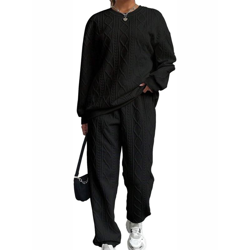

Европейский и американский осенне-зимний новый модный трикотажный жаккардовый пуловер цвета хаки с круглым вырезом и длинными рукавами, свитер, брюки, повседневный костюм-двойка Black XL