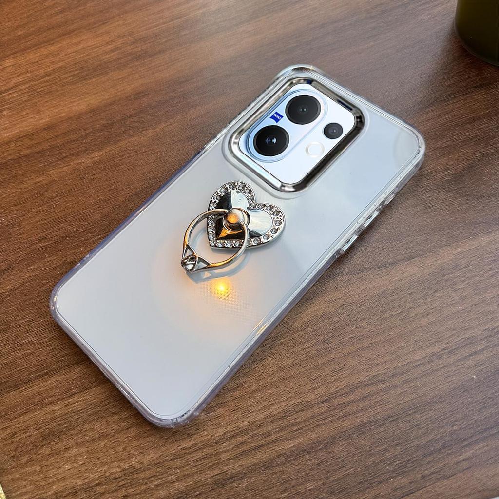 Luxury Bling Rhinestone Heart Ring Bracket Clear Phone Case for Vivo V60 Stand Cover