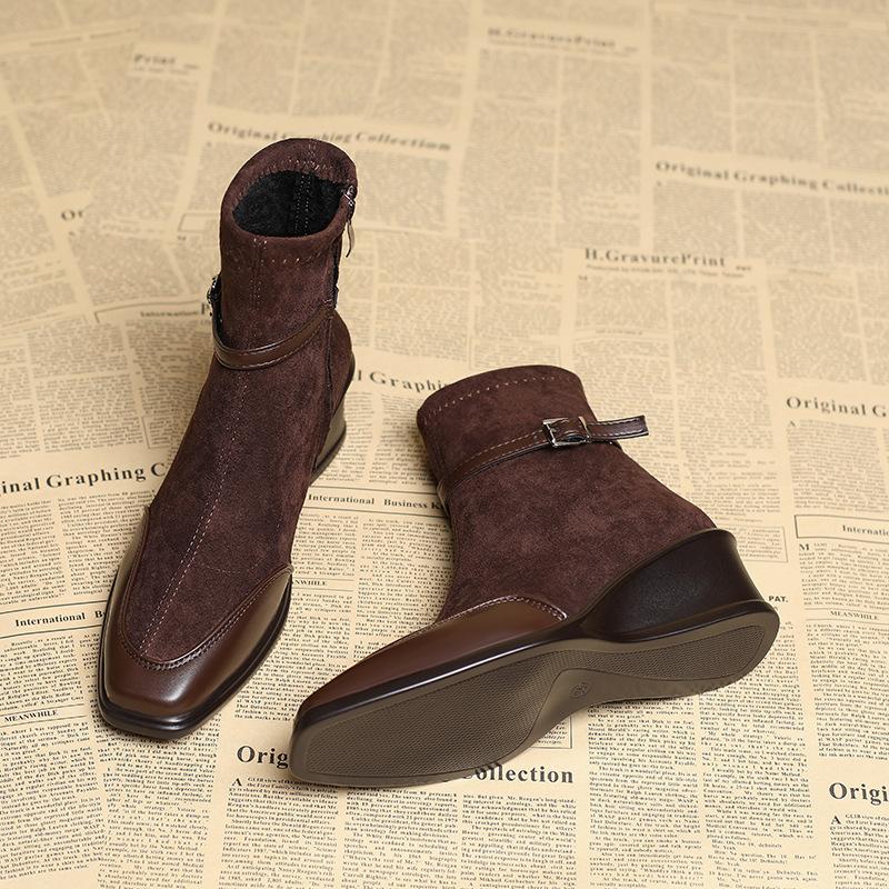 

Slope heel short boots women s autumn and winter new fashion suede elastic thin boots belt buckle high heel boots 40 темно-коричневого