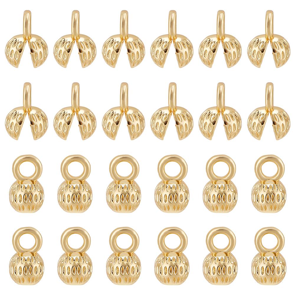 40Pcs Brass Folding Crimp Ends, Round, Real 18K Gold Plated, 10x7x6mm, Hole: 2mm