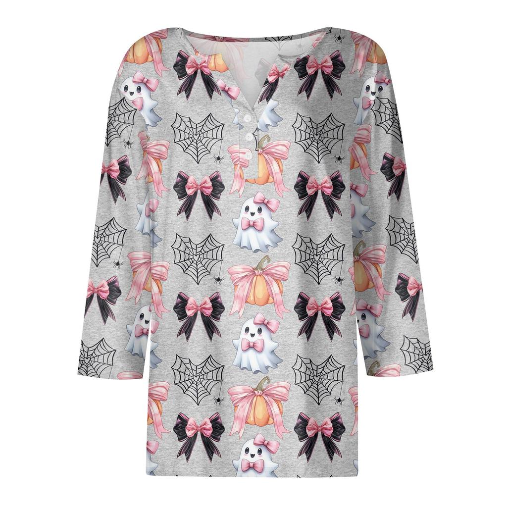 3/4 Ärmel Damen Tops Halloween Print Vintage Mode Lässig Locker Mit V-Ausschnitt Übergröße Shirts