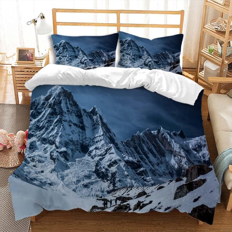 Snowy Mountain Duvet Cover Winter Snow Scene Bedding Set Full Queen Size Natural Snow Mountain Comforter Cover for Bedroom Decor